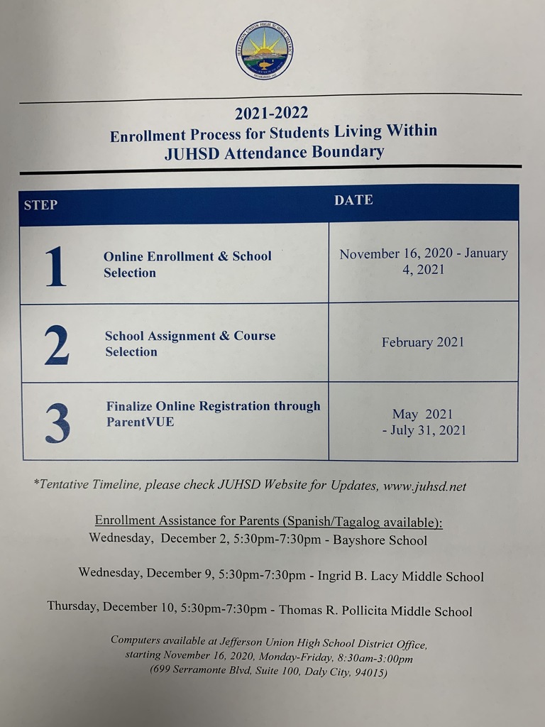Jefferson Union High School District Enrollment Process for 2021 - 2022